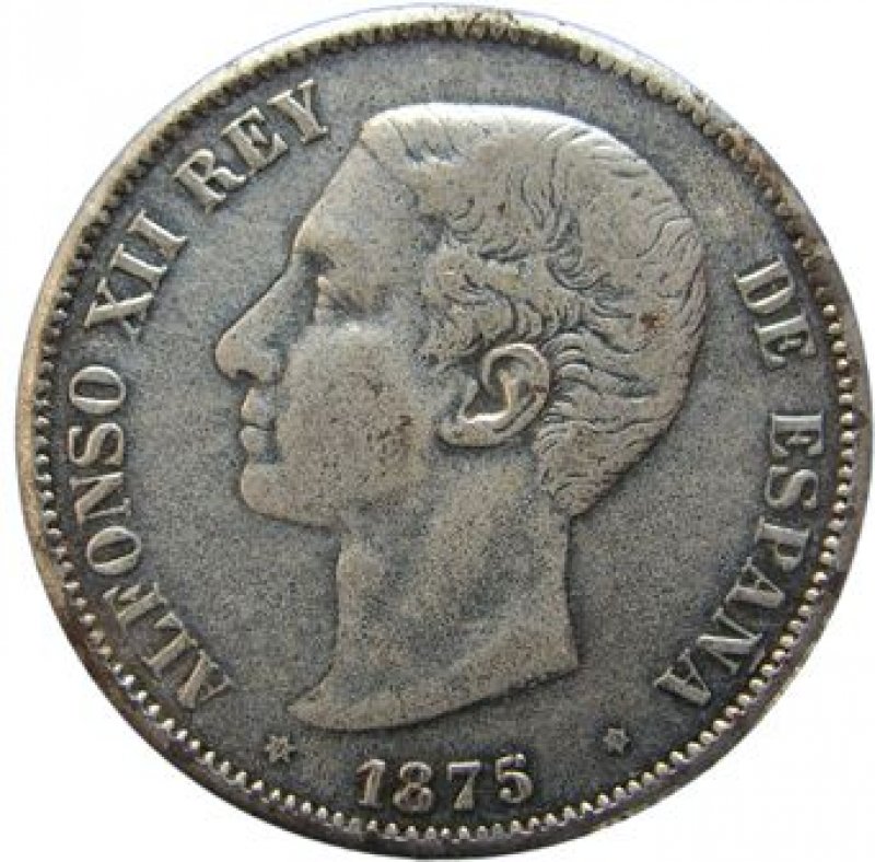 “Duro alicantino”. Falsificación de época de cinco pesetas de Alfonso XII Año 1875.